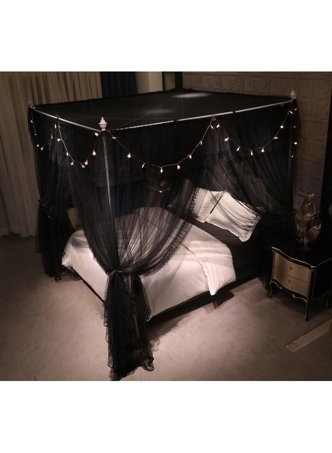 VETHIN 4 Corners Post Ruffle Princess Bed Canopy Curtain-Double Layer Cozy Drape Netting 4 Opening Mosquito Net for Girls Adults Bedroom Decoration (Double-Black,59" W*82" L*82"*H/Queen) - Image 5