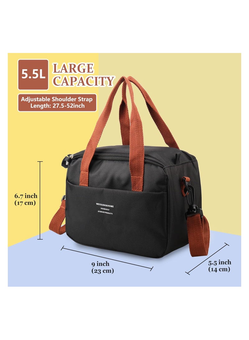 كاست ويف Reusable Lunch Bags, Stylish Insulated Lunch Bag for Women/Men - Durable Lunch Tote with Adjustable Strap, Ideal for Work, Picnic, and Beach - Reusable Lunch Box with Thermal Insulation (Black) - Image 2
