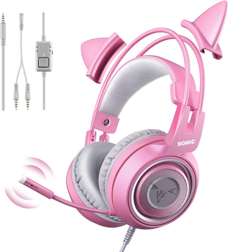 Somic G951s Pink Stereo Gaming Headset with Mic for PS4,Xbox,PC,Mobile Phone,3.5mm Noise Reduction Cat Ear Headphones Lightweight Over Ear Headphones for Girls - Image 1