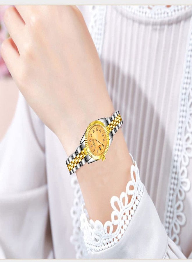 BESTKANG Luxury Womens Quartz Analog Watches Rhinestone Calendar Waterproof Luminous Gold Silver Two Tone Stainless Steel Watches (Silver Gold) - Image 2