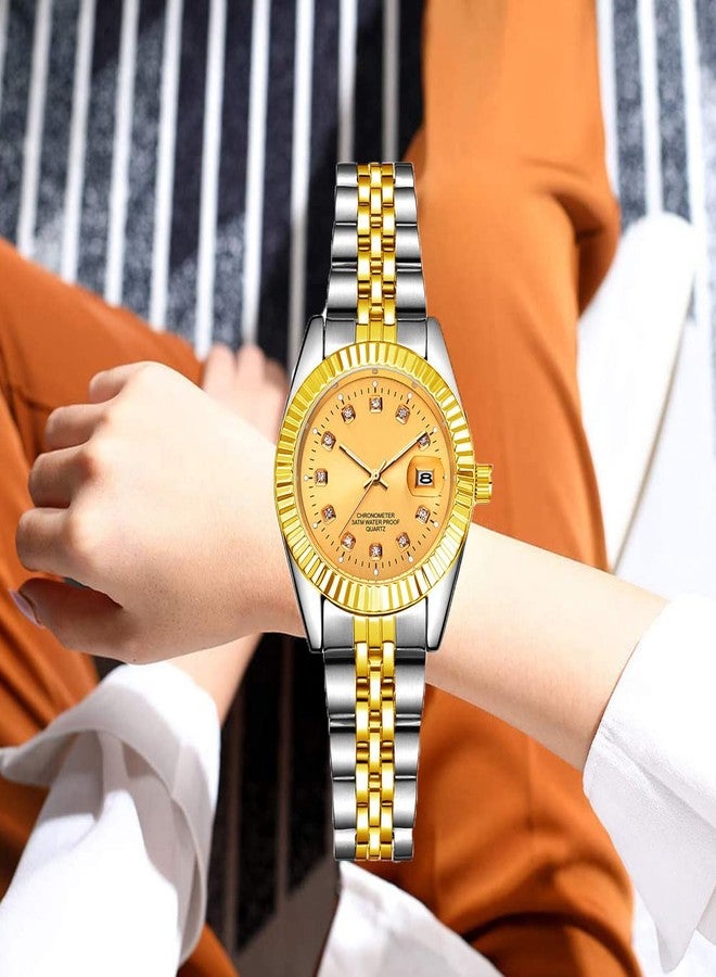 BESTKANG Luxury Womens Quartz Analog Watches Rhinestone Calendar Waterproof Luminous Gold Silver Two Tone Stainless Steel Watches (Silver Gold) - Image 3
