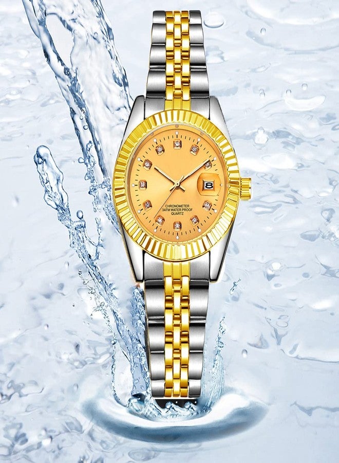BESTKANG Luxury Womens Quartz Analog Watches Rhinestone Calendar Waterproof Luminous Gold Silver Two Tone Stainless Steel Watches (Silver Gold) - Image 5