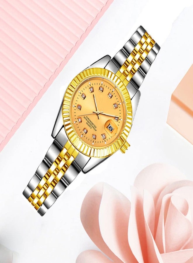 BESTKANG Luxury Womens Quartz Analog Watches Rhinestone Calendar Waterproof Luminous Gold Silver Two Tone Stainless Steel Watches (Silver Gold) - Image 4