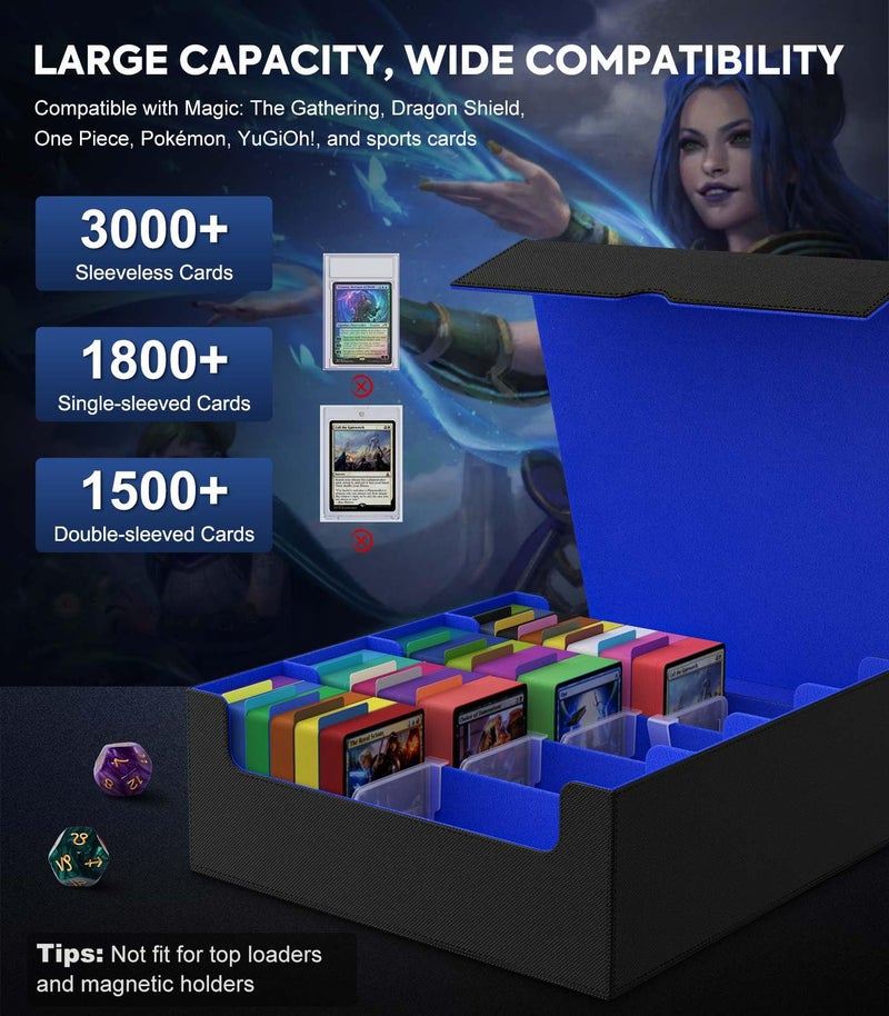 MoKo Trading Card Storage Box, 3000+ MTG Deck Box with 24 Colorful Dividers & 4 Card Supporters, Commander Card Deck Case Fits for Magic Game Cards, YugiOh, TCG, PTG and Sport Cards, Black Blue - Image 3