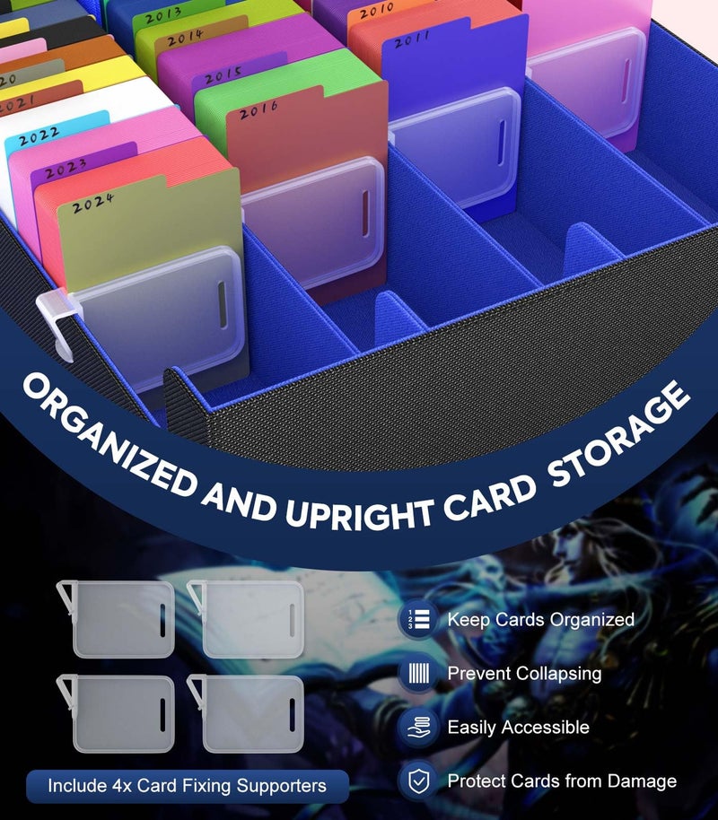 MoKo Trading Card Storage Box, 3000+ MTG Deck Box with 24 Colorful Dividers & 4 Card Supporters, Commander Card Deck Case Fits for Magic Game Cards, YugiOh, TCG, PTG and Sport Cards, Black Blue - Image 4
