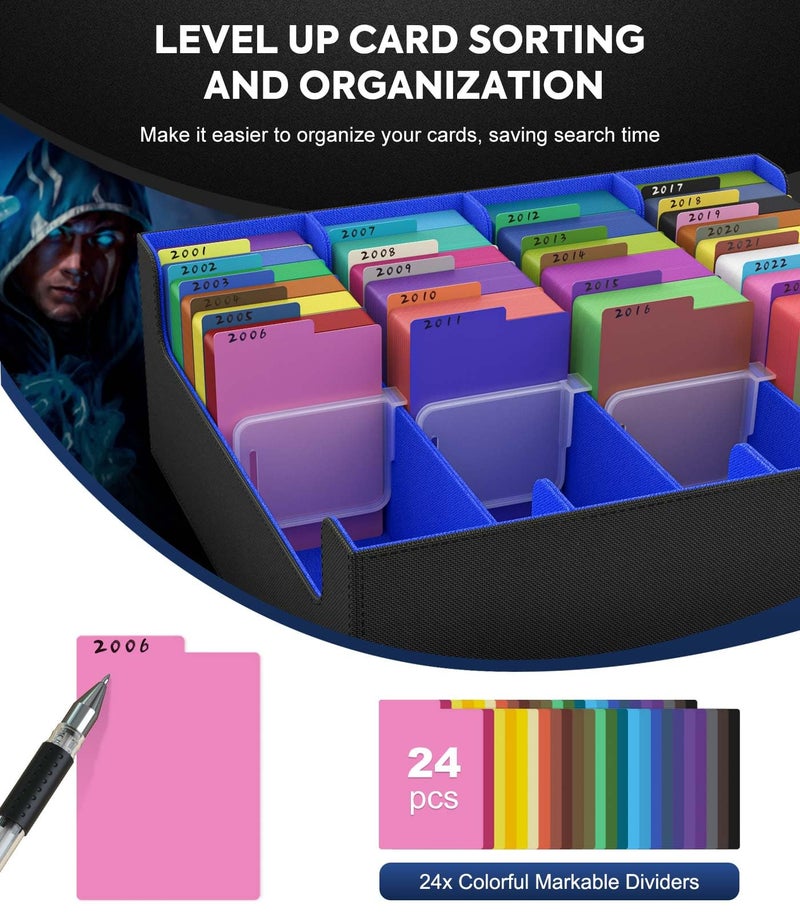 MoKo Trading Card Storage Box, 3000+ MTG Deck Box with 24 Colorful Dividers & 4 Card Supporters, Commander Card Deck Case Fits for Magic Game Cards, YugiOh, TCG, PTG and Sport Cards, Black Blue - Image 5