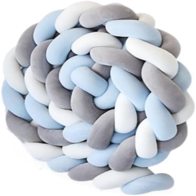 crib woven guardrail protective pad, three-strand braided knotted ball throw pillow (knotted model, white gray light blue, three-strand 1.5-meter-long whip) - Image 1