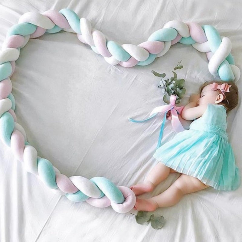 crib woven guardrail protective pad, three-strand braided knotted ball throw pillow (knotted model, white gray light blue, three-strand 1.5-meter-long whip) - Image 5