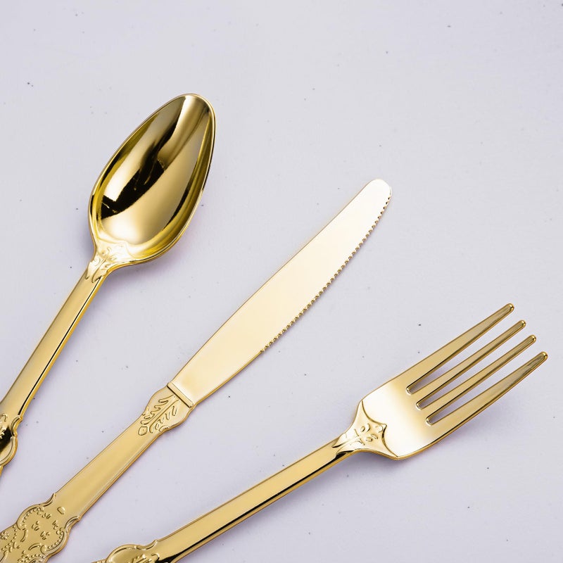 N9R 120pcs Gold Plastic Silverware  Disposable Silverware Include 40 Forks  40 Spoons  40 Knives  Gold Cutlery Set Disposable for Party  Wedding and Daily Use - Image 3