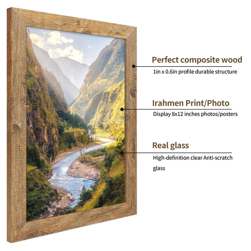 Irahmen 8x12 إطار الصورة مجموعة من 2 بني ريفي مع إطار الصورة الزجاجية - عرض الصور 6x8 مع حصيرة أو 8 × 12 بدون حصيرة من أجل الجدول الأفقي أو العمودي أعلى وجدار تصاعد - Image 2