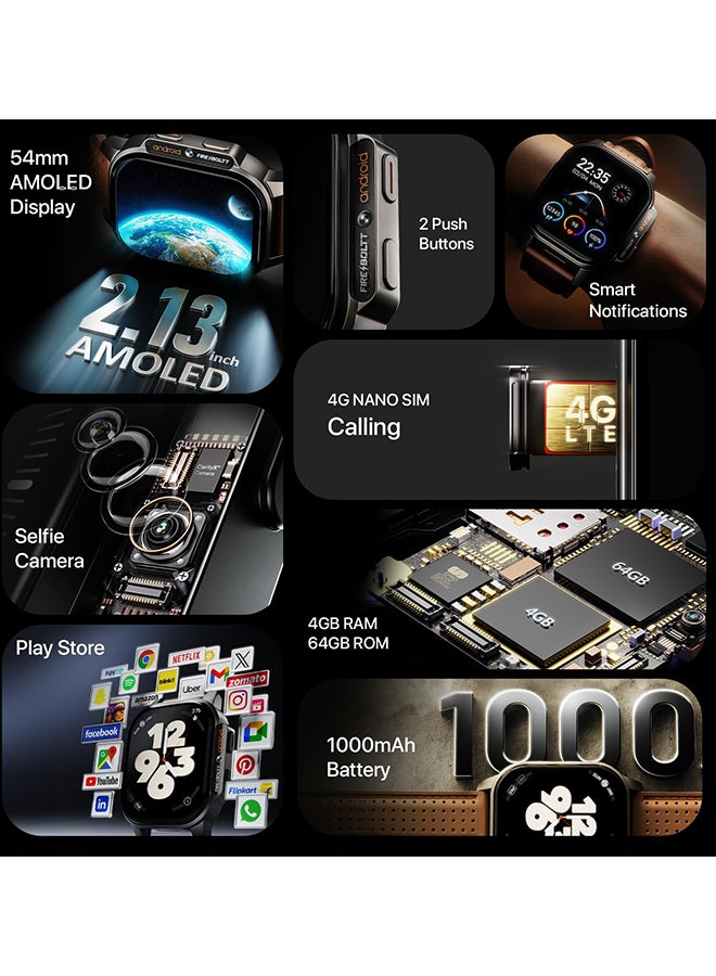 Fire-Boltt ساعة ذكية - فاير-بولت سناب، كاميرا سيلفي، فتحة شريحة نانو 4G، شاشة AMOLED بحجم 54.1 مم، متجر بلاي - تطبيقات غير محدودة، بطارية 1000 مللي أمبير، 2 جيجابايت/4 جيجابايت رام + 16 جيجابايت/64 جيجابايت روم (أسود عتيق) - Image 3