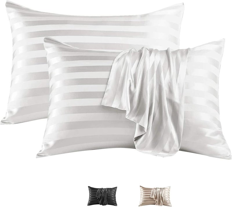 sheful King Size Silky Pillowcase 2 Pack, 50x100 CM Silky Satin Pillowcase for Hair and Skin, 20x40 inches Pillow Covers, Cooling Satin Pillow Cases Set of 2 with Envelope Closure - Ivory Striped - Image 1