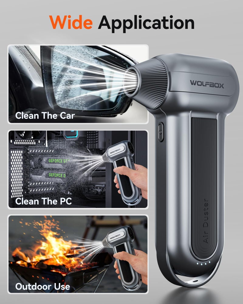 WOLFBOX MF100 Electric Air Duster - 150,000 RPM Rechargeable Cordless Blower, Brushless Motor, 3-Speed Adjustable for Cleaning Computers, Keyboards, Cars, Homes, and Outdoor Spaces - Image 5