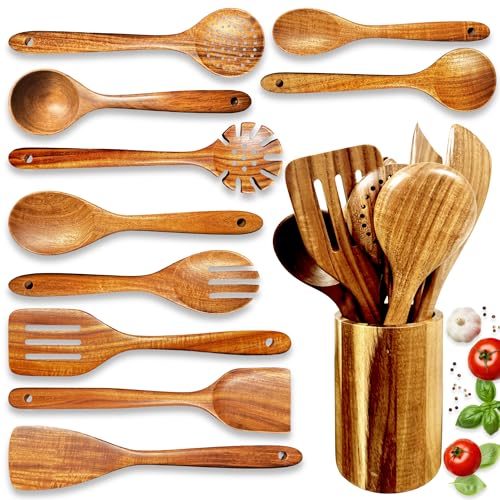 HomeHero Home Hero Wooden Utensil Set 11 Pcs – Natural Teak Wooden Kitchen Utensils Set with Sturdy, Easy-to-Clean Wooden Spoons for Cooking – Non-Scratch Teak Cooking Utensils (11 pcs) - Image 1