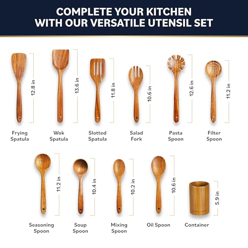 HomeHero Home Hero Wooden Utensil Set 11 Pcs – Natural Teak Wooden Kitchen Utensils Set with Sturdy, Easy-to-Clean Wooden Spoons for Cooking – Non-Scratch Teak Cooking Utensils (11 pcs) - Image 3