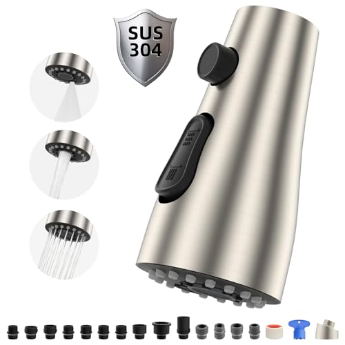 Hibbent Metal Pull Down Spray Head for Kitchen Faucet Kitchen Sink Spray Nozzle with 15 Adapters Faucet Head Replacement Compatible with Moen American Standard Delta Kohler Faucet Brushed Nickel - Image 1