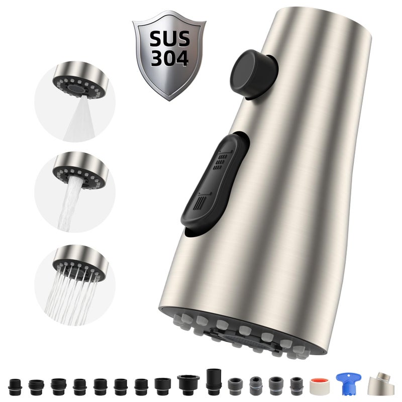 Hibbent Metal Pull Down Spray Head for Kitchen Faucet Kitchen Sink Spray Nozzle with 15 Adapters Faucet Head Replacement Compatible with Moen American Standard Delta Kohler Faucet Brushed Nickel - Image 2