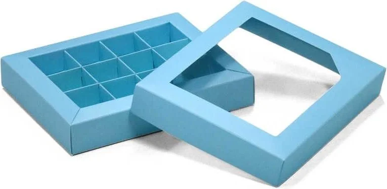 Ambalaj Pazarı Packaging Market Boutique-12 Compartment Acetate Window Chocolate Box Blue - 20 Pieces