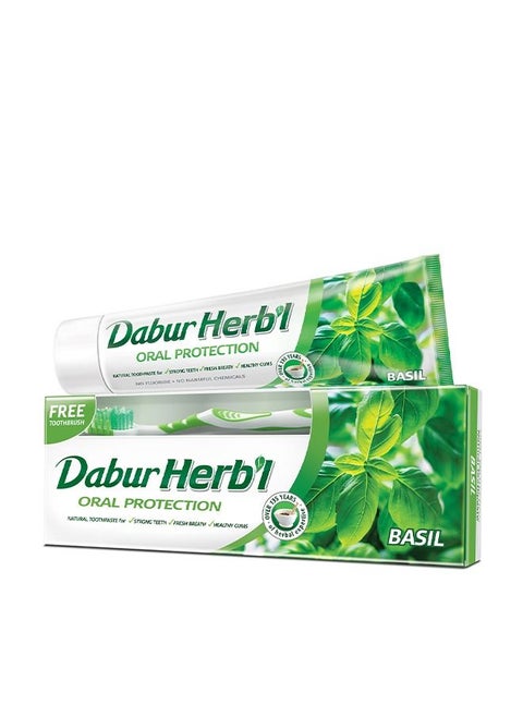 Dabur Herbal Basil Oral Protectection Toothpaste | Enriched With Basil | Natural Toothpaste For Healthy Gums & Strong Teeth - 150g + Toothbrush (Pack of 2)