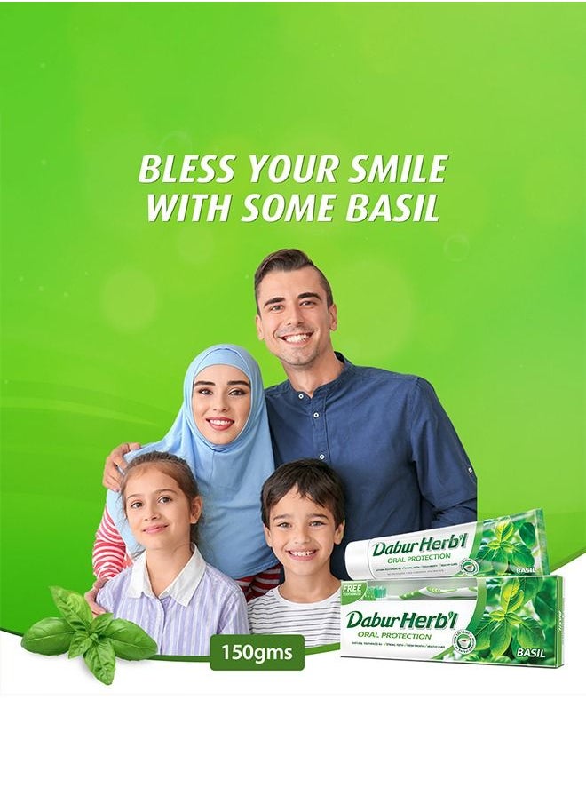 Dabur - Dabur Herbal Basil Oral Protectection Toothpaste | Enriched With Basil | Natural Toothpaste For Healthy Gums & Strong Teeth - 150g + Toothbrush (Pack of 2) - Image 1