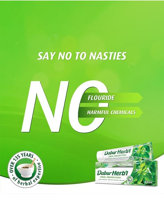 Dabur - Dabur Herbal Basil Oral Protectection Toothpaste | Enriched With Basil | Natural Toothpaste For Healthy Gums & Strong Teeth - 150g + Toothbrush (Pack of 2) - Image 1