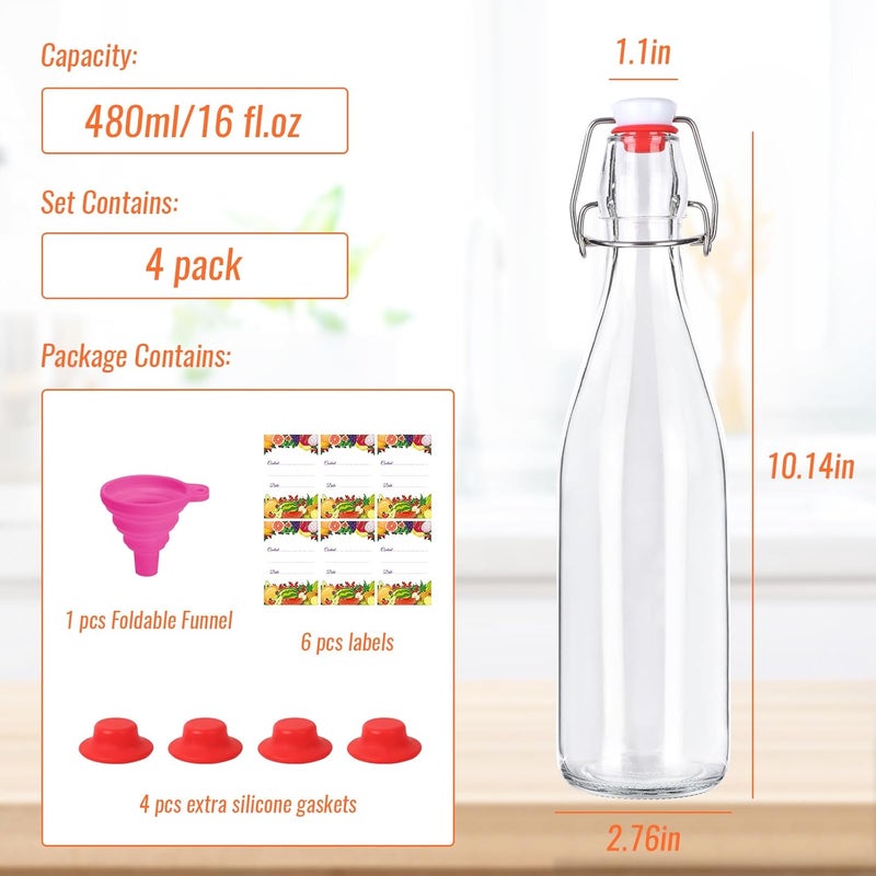 SZUAH Swing Top Glass Bottles 16oz 4Pack, Reusable Glass Bottle with Stopper for Kombucha, Home Brewing,Vanilla Extract, Beer(480ml, Set of 4) - Image 2