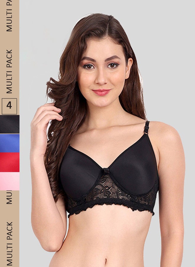 FIMS Pack of 4 Rapid-Dry Lace Lightly Padded Bra - Black, Red, Blue, Pink - Image 1