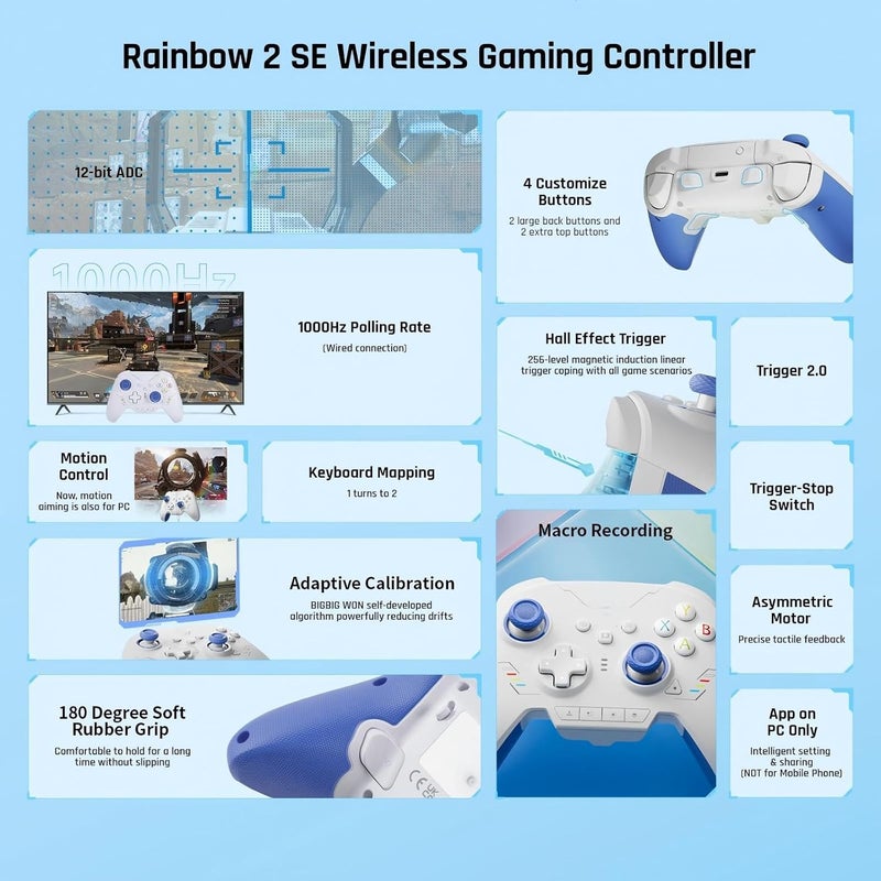 كاست ويف وحدات تحكم للكمبيوتر الشخصي، وحدات تحكم لاسلكية Rainbow 2 SE مع التحكم بالحركة، مشغل تأثير هول، محول تناظري رقمي 12 بت، 3 مجموعات من عصي التحكم، لوحة اتجاهات 4 اتجاهات و8 اتجاهات، تطبيق، وحدة تحكم لـ Switch/PC/Android/iOS - Image 2