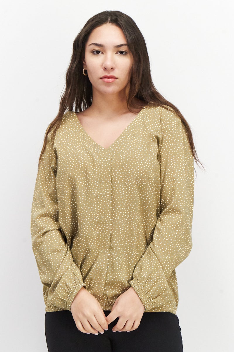 ESPRIT بلوزة نسائية بأكمام طويلة على شكل V بنقاط بولا، كاكي - Image 1