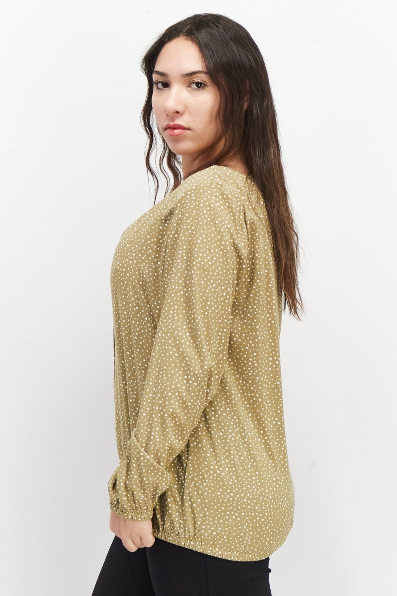 ESPRIT بلوزة نسائية بأكمام طويلة على شكل V بنقاط بولا، كاكي - Image 3