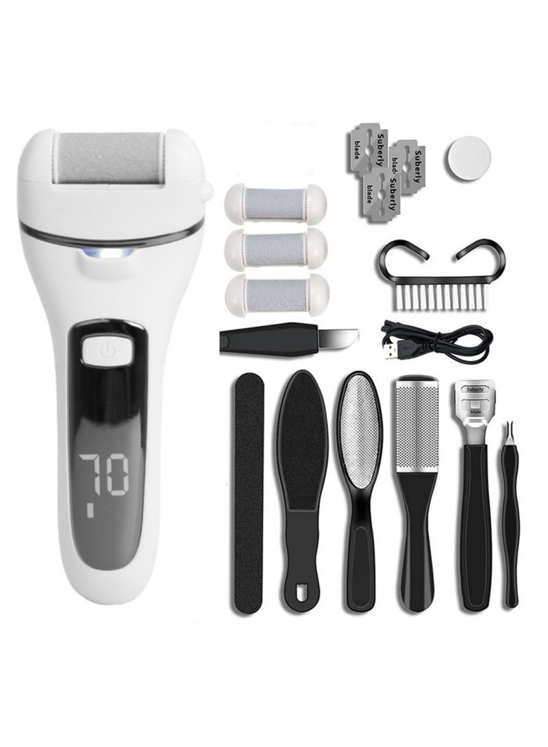 13 in 1 Electric Foot Scrubber to Remove Dead Skin with 3 Roller Heads 2 Speed & Battery Display for Pedicure Kit,White - Image 1