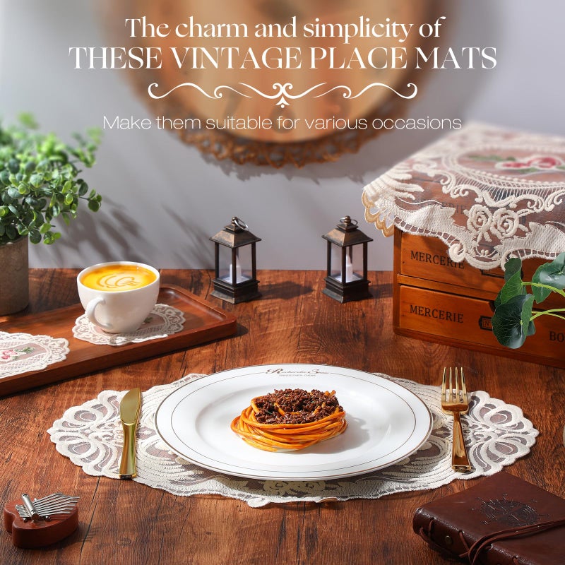Mindsoft مايندسوفت 12 قطعة من مفارش الطاولة الدانتيل وواقيات الكؤوس بأسلوب فرنسي قديم من قماش الدانتيل المحبوك مزينة بالدانتيل لمفارش الأكواب لطاولة زجاجية لمستحضرات الزفاف وتزيين الحفلات (بيج) - Image 3