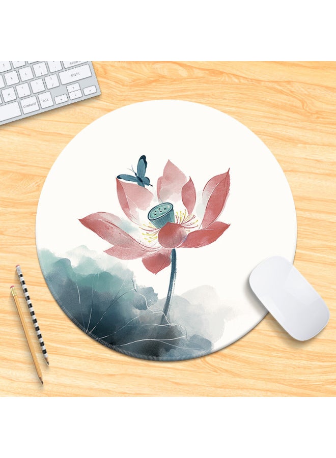 National Tide Lotus Small Size Mouse Pad Chinese Style Brush Painting Office Desk Mat Lock Edge Thickened Round Simple Flower And Bird For Men 