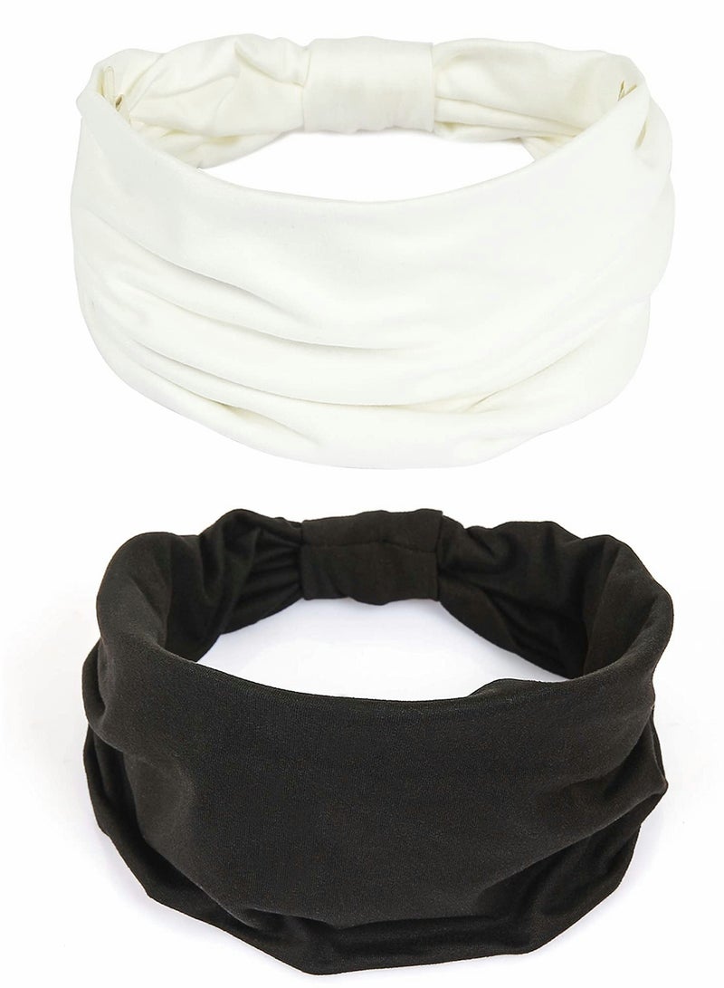 SOLARAE 2 Pack Wide Headbands for Women, Boho Knotted Sweat on-Slip Fashion Hair Bands, Head Wraps Elastic Soft Cotton Cloth Turbans Bandana for Yoga, Running, Sport - Image 1