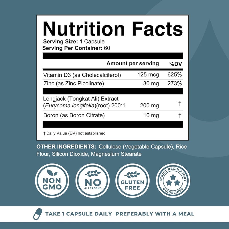 Left Coast Performance Boron Supplement For Men With Tongkat Ali  Vitamin D3 Zinc Picolinate 30mg Longjack Tongkat Ali For Men  Boron Citrate 10mg For Mens Health  Non GMO Gluten Free No Allergens  60 Count - Image 2