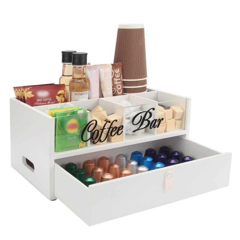 Intarsio 2-Tier Coffee Bar Organizer with Clear Acrylic Top, Built-in Drawer and Leather Handle Pull for Countertop, Stylish Coffee Station Storage Box for Accessories, Pods, Great Gifts for Home - Image 1