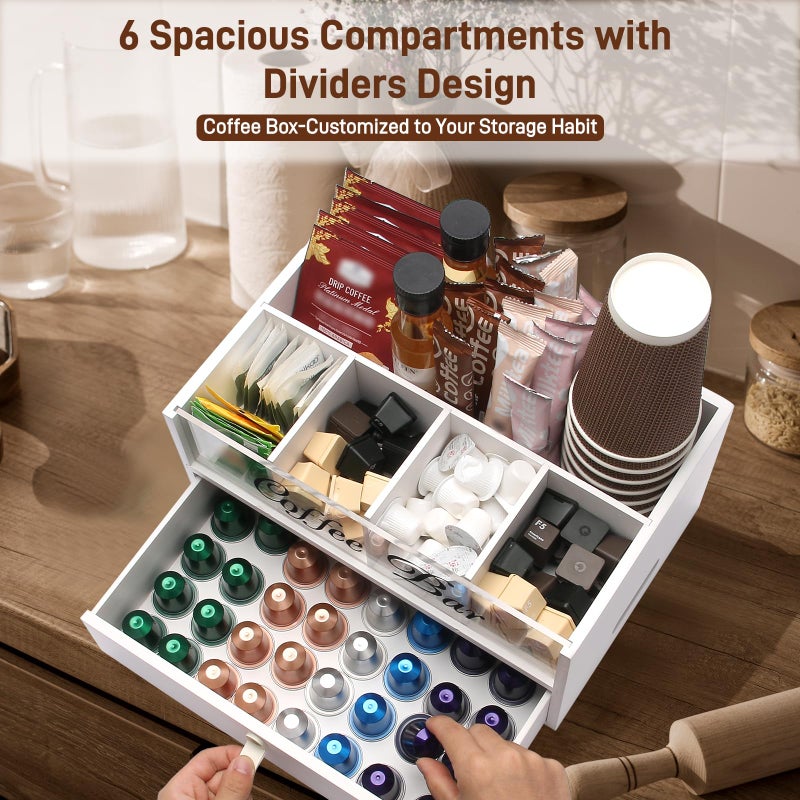 Intarsio 2-Tier Coffee Bar Organizer with Clear Acrylic Top, Built-in Drawer and Leather Handle Pull for Countertop, Stylish Coffee Station Storage Box for Accessories, Pods, Great Gifts for Home - Image 4