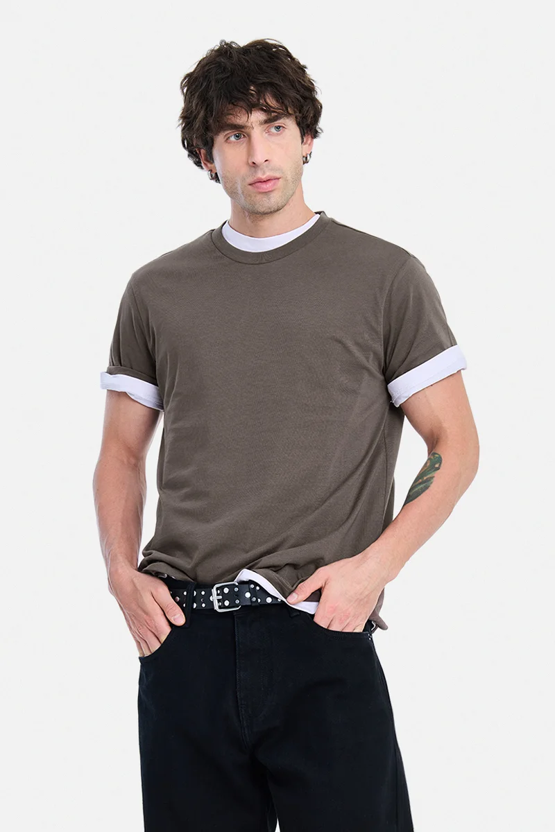 SNITCH Brown Solid Half Sleeve Regular Fit Casual T-Shirt