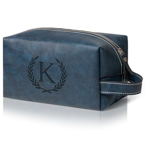 Aganmi Personalized Gifts Travel Toiletry Bag for Men Engraved Initial PU Leather Waterproof Shaving Bag for Toiletries Accessories Fathers Day Birthday Gift for Men Dad Husband Son Dark Blue K - Image 1