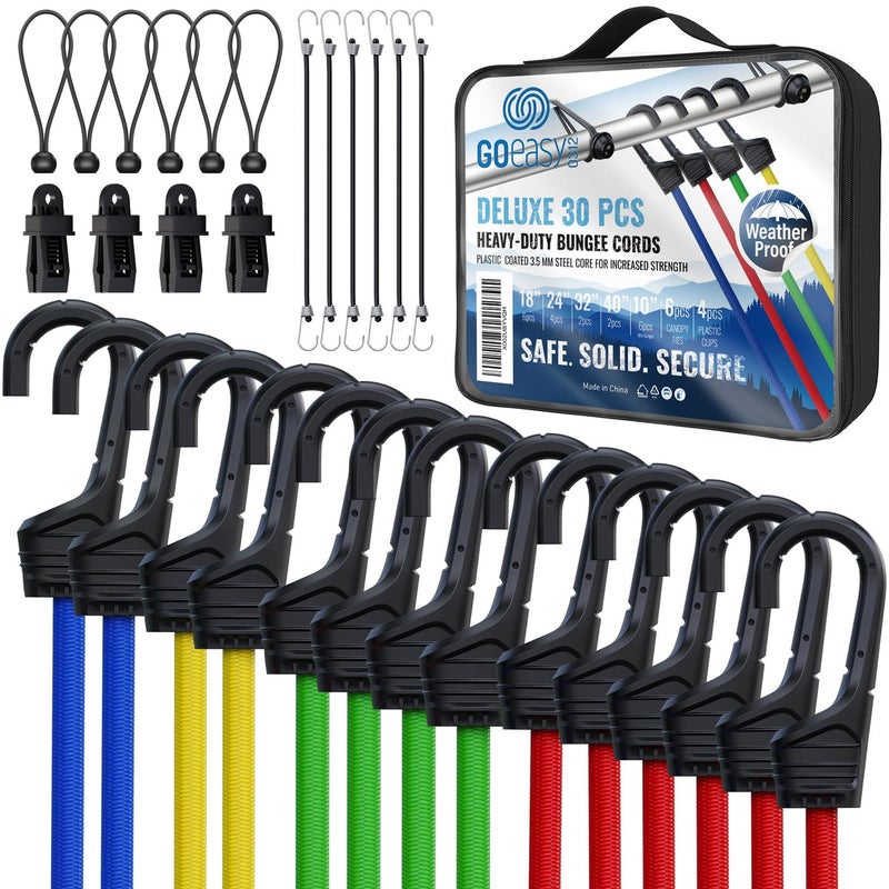 Bungee Cords Heavy Duty Outdoor 30 PCS Bungee Cord with Hooks Assorted Sizes in Carry Bag 10 18 24 32 40 Bungee Cords with Hooks 8 Canopy Bungee Balls Tarp Clips