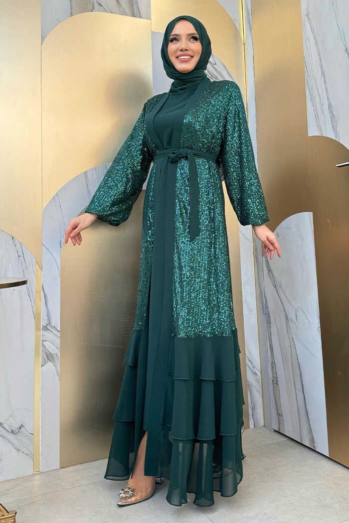 Bym Fashion Sequin Embroidered Abaya and Dress Set 8483 Emerald  - Image 3