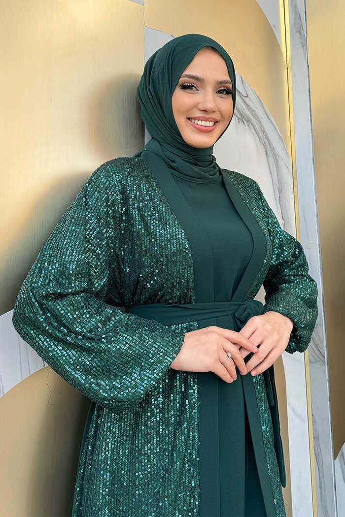 Bym Fashion Sequin Embroidered Abaya and Dress Set 8483 Emerald  - Image 4