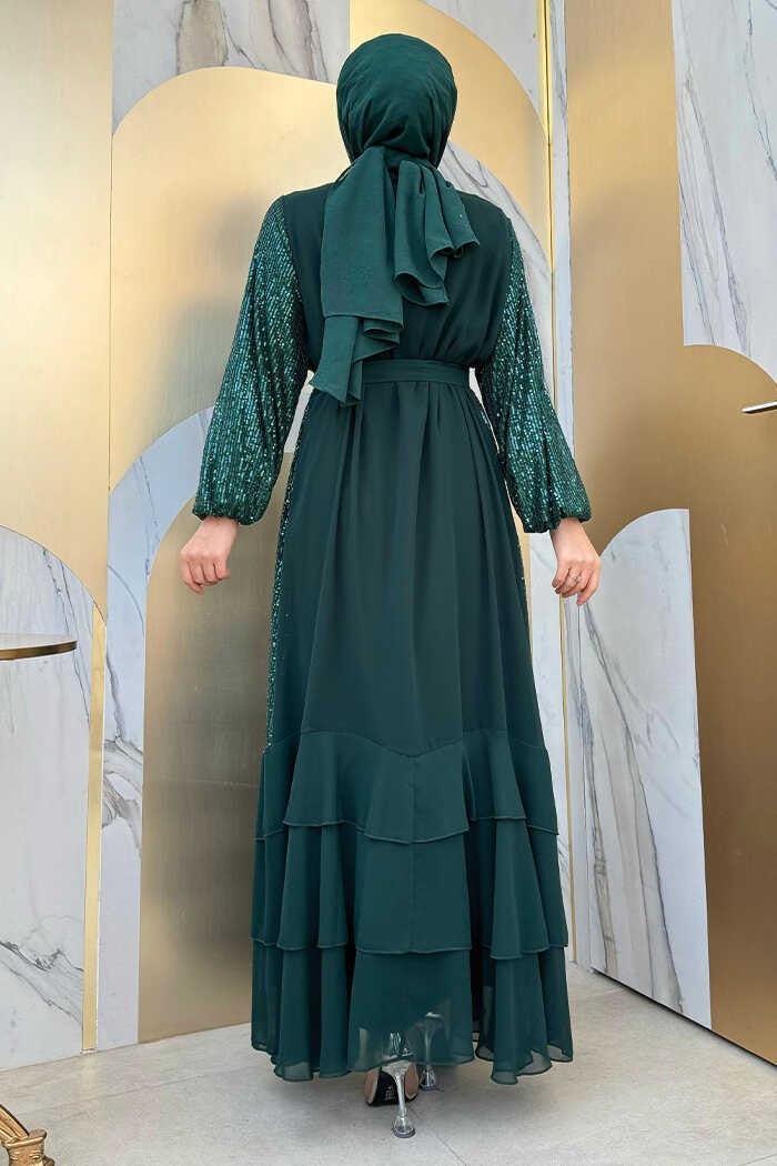 Bym Fashion Sequin Embroidered Abaya and Dress Set 8483 Emerald  - Image 2