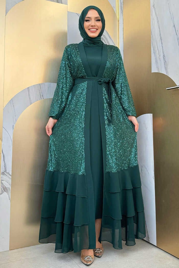 Bym Fashion Sequin Embroidered Abaya and Dress Set 8483 Emerald  - Image 1