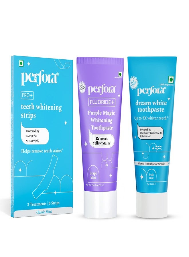 Dream White Toothpaste 75g, Purple Toothpaste 75g & Teeth Whitening Strips | Pack of 3 | Enamel-Safe, Fast Whitening for a Brighter Smile | Removes Stains & Boosts Shine | Complete Oral Care