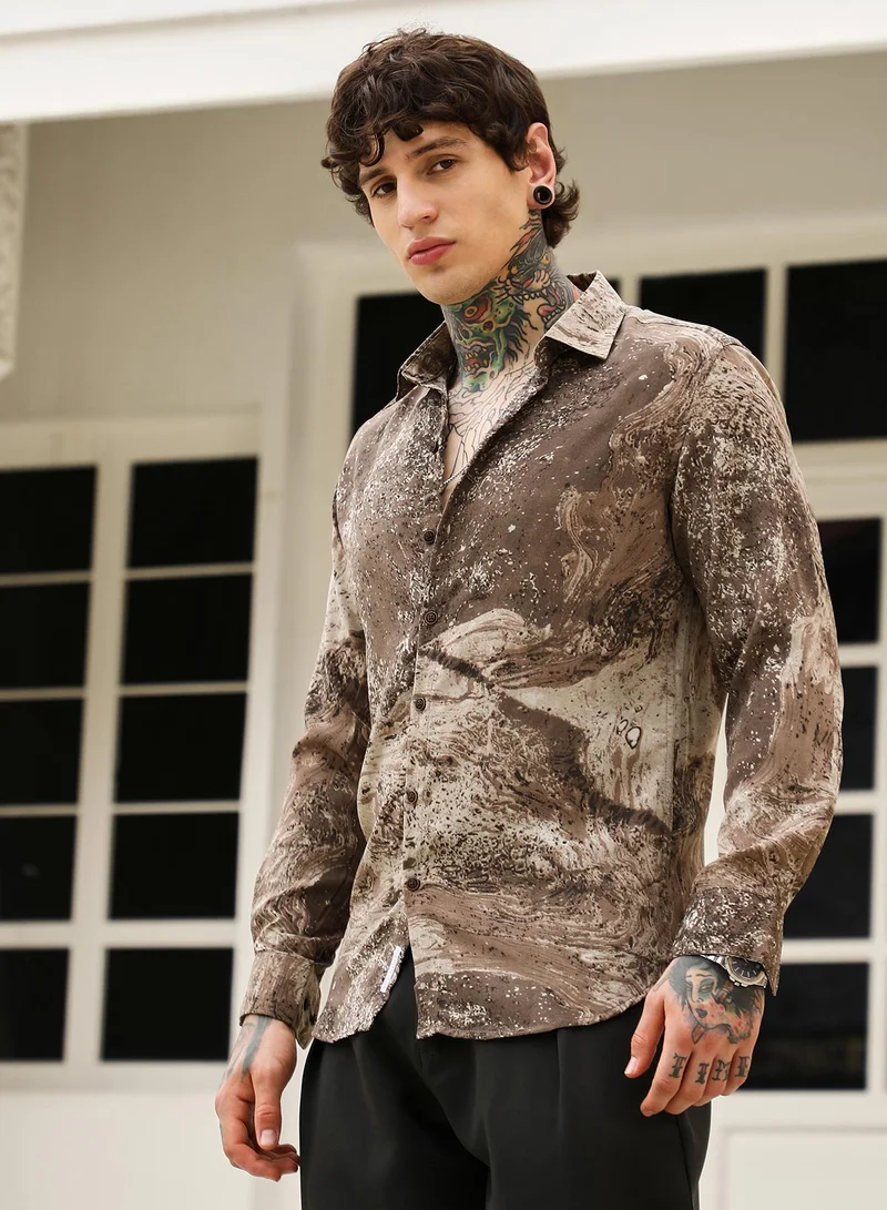 CAHOOT  Men's Coffee Brown Marble-Specks Imprint Shirt for Men | Best Price UAE