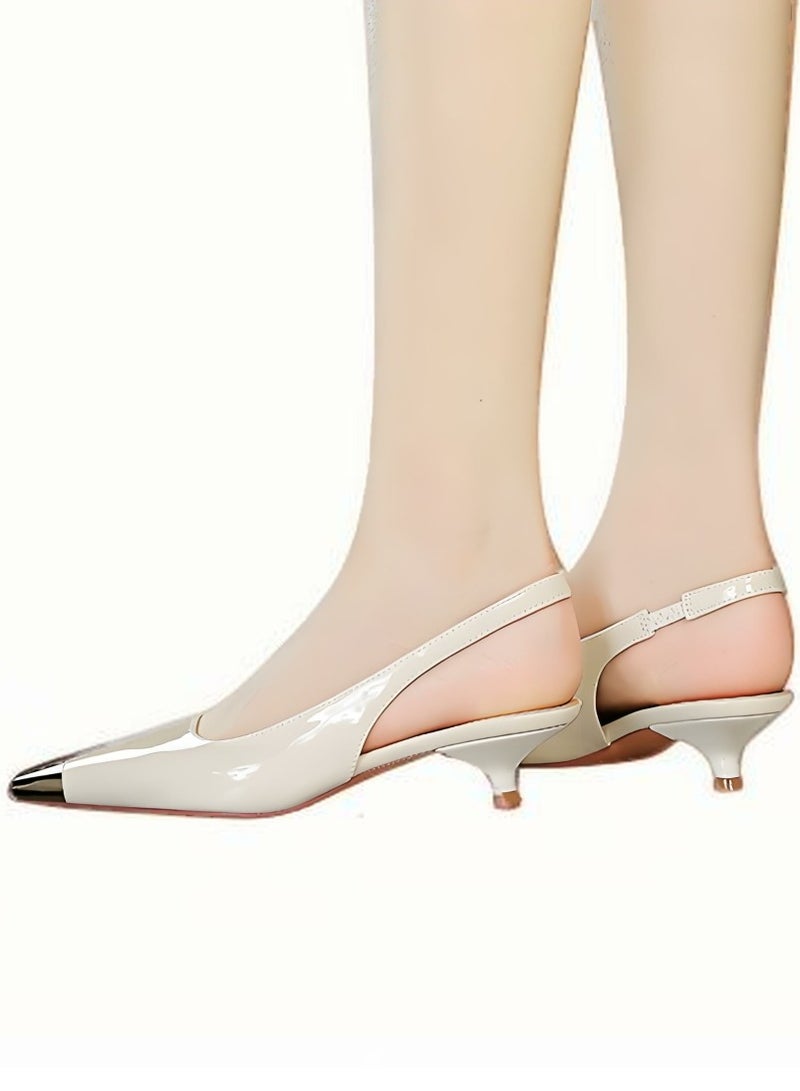 BIGTREE Women's Metal Closed Square Toe Kitten Heel Pumps Slingback Low Heels With Strap Sandal Cream White 3.5CM - Image 4