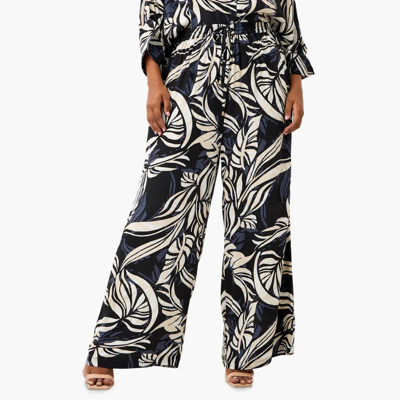  أولا بوبكن Plus Size Ulla Popken Leaf Print Wide Leg Pants