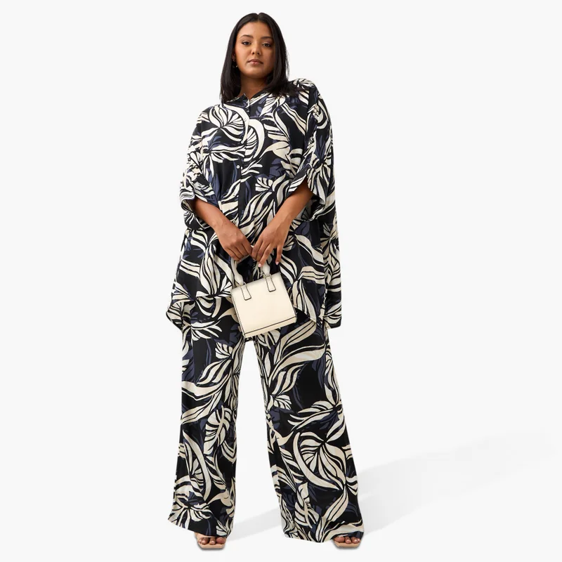  أولا بوبكن Plus Size Ulla Popken Leaf Print Wide Leg Pants