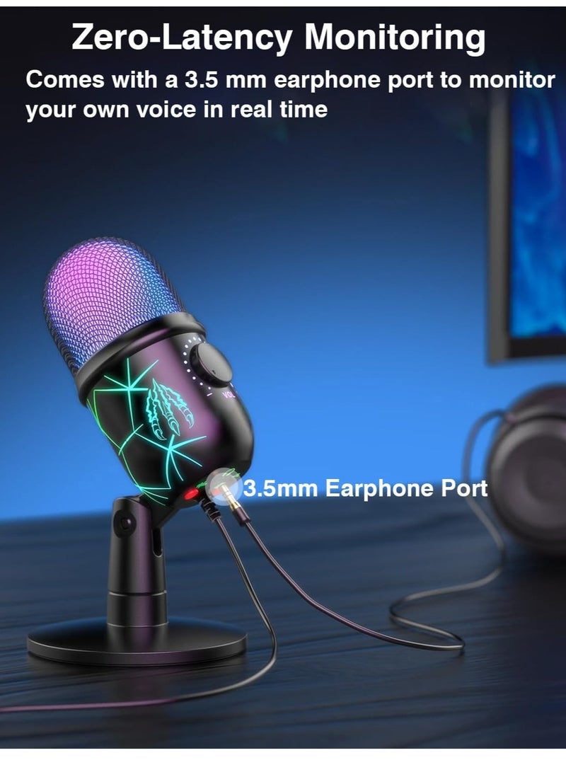 USB Microphone Plug and Play Gaming Mic for PC Mac PS4 or5 Podcast Microphone with RGB Mute Monitor Noise Reduction Volume Gain Great for Recording Streaming  - Image 3